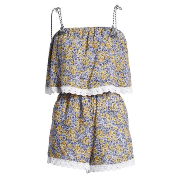 CUPCAKES AND CASHMERE‎ Andria Sleeveless Romper Size M Floral Print Blue Yellow - Picture 1 of 5